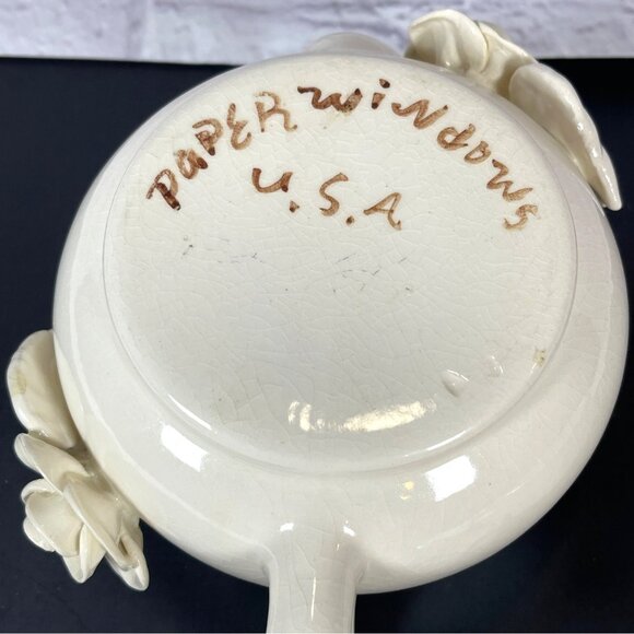 Stacked Ceramic Pottery Teapot Cup Set Paper Windows USA Floral Rose Cream VTG - Picture 8 of 16